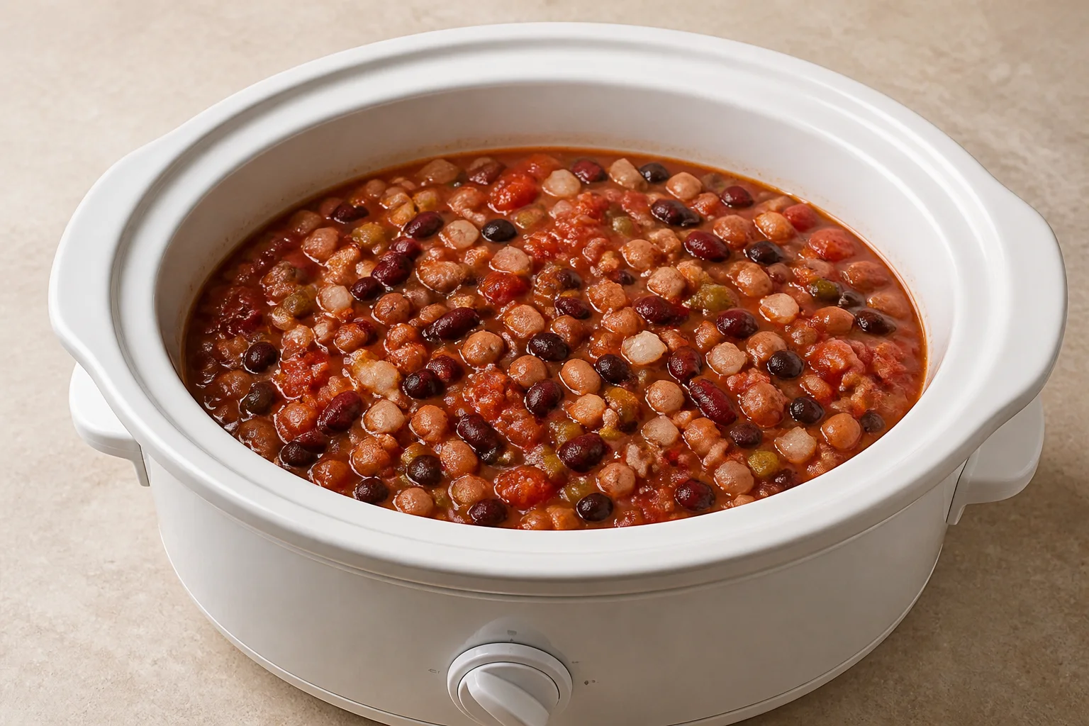 Beans, mushrooms, peppers and tomato mixture stirred together in a slow cooker
