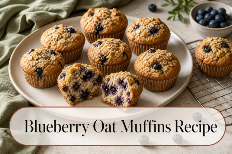 Blueberry oat muffins with title reading Blueberry Oat Muffins Recipe