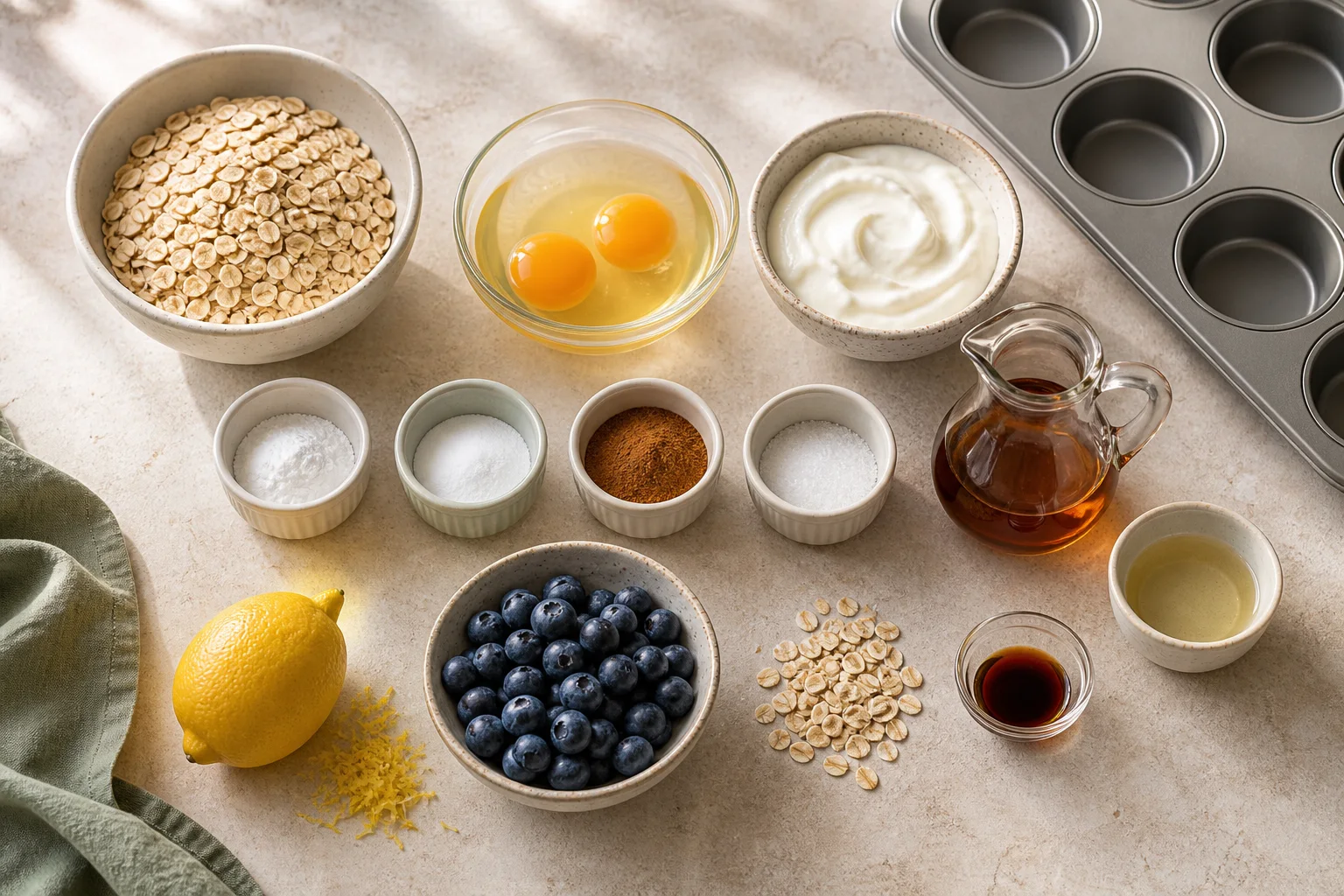 Rolled oats, baking powder, baking soda, cinnamon, salt, eggs, Greek yogurt, maple syrup, oil, vanilla, lemon zest and blueberries