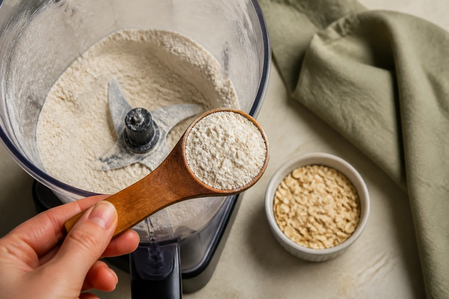 Fine homemade oat flour on a spoon beside a blender with no intact rolled oat flakes