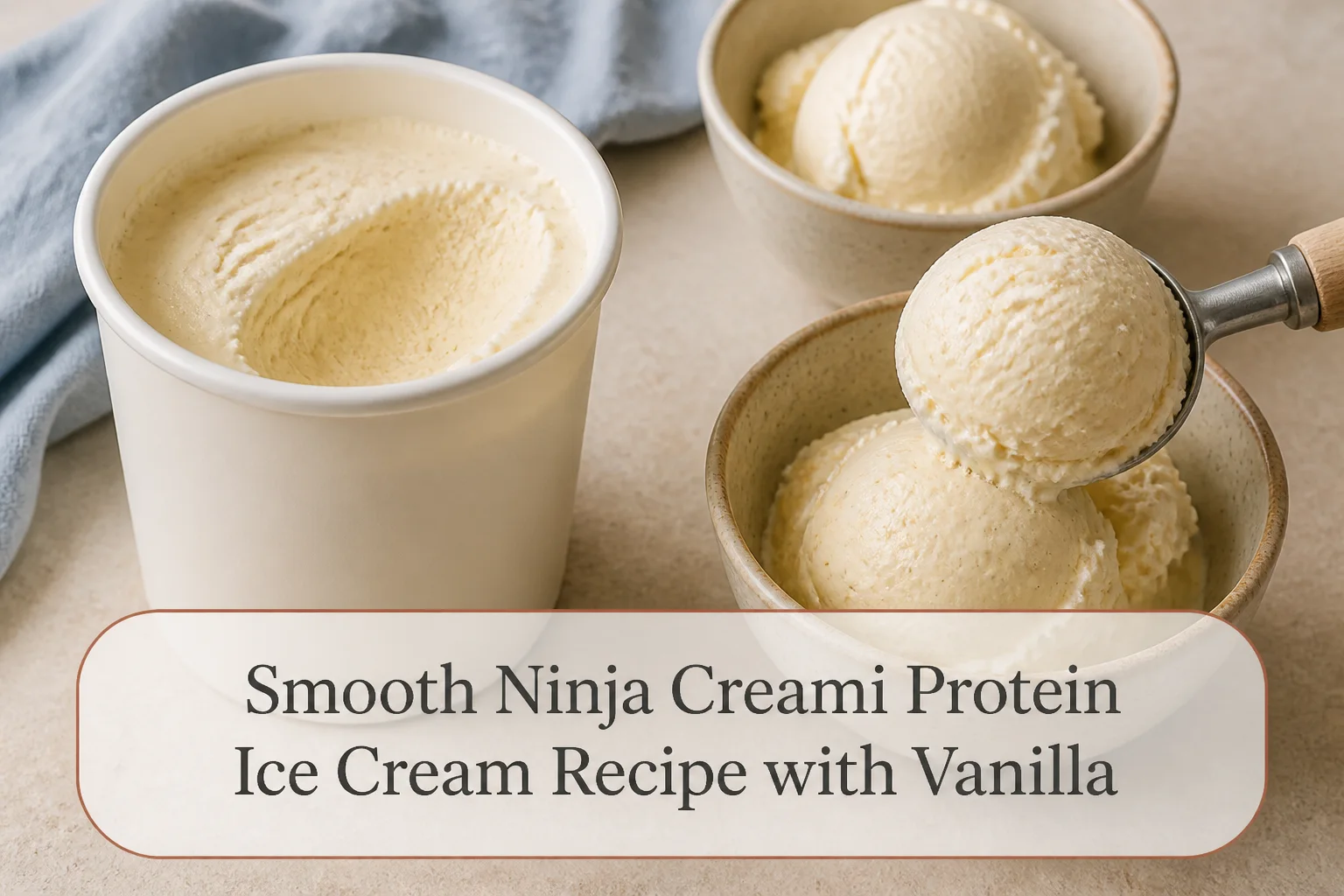 Vanilla protein ice cream with title reading Smooth Ninja Creami Protein Ice Cream Recipe with Vanilla