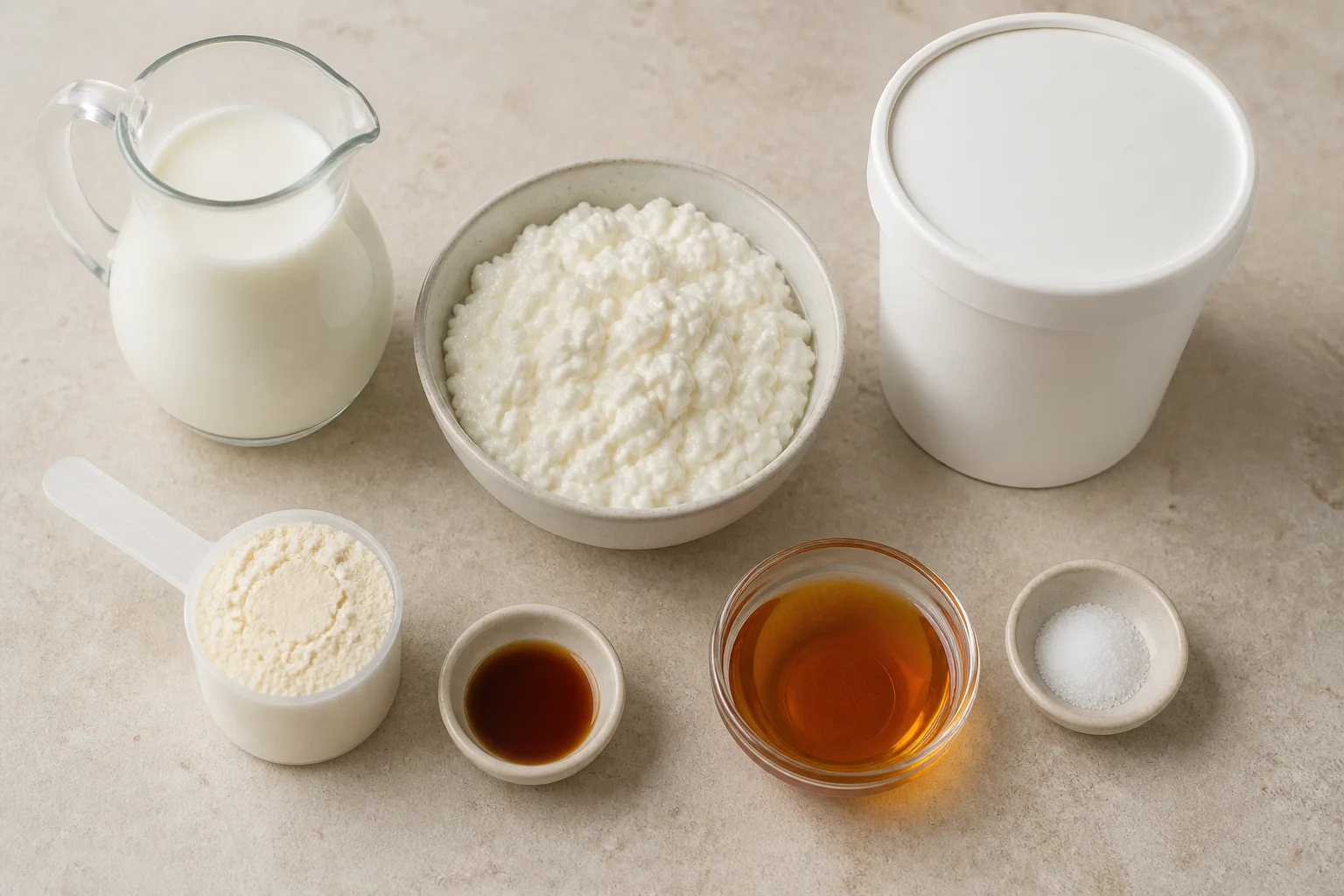 Ultra-filtered milk, cottage cheese, vanilla protein powder, maple syrup, vanilla extract and salt beside a compatible pint