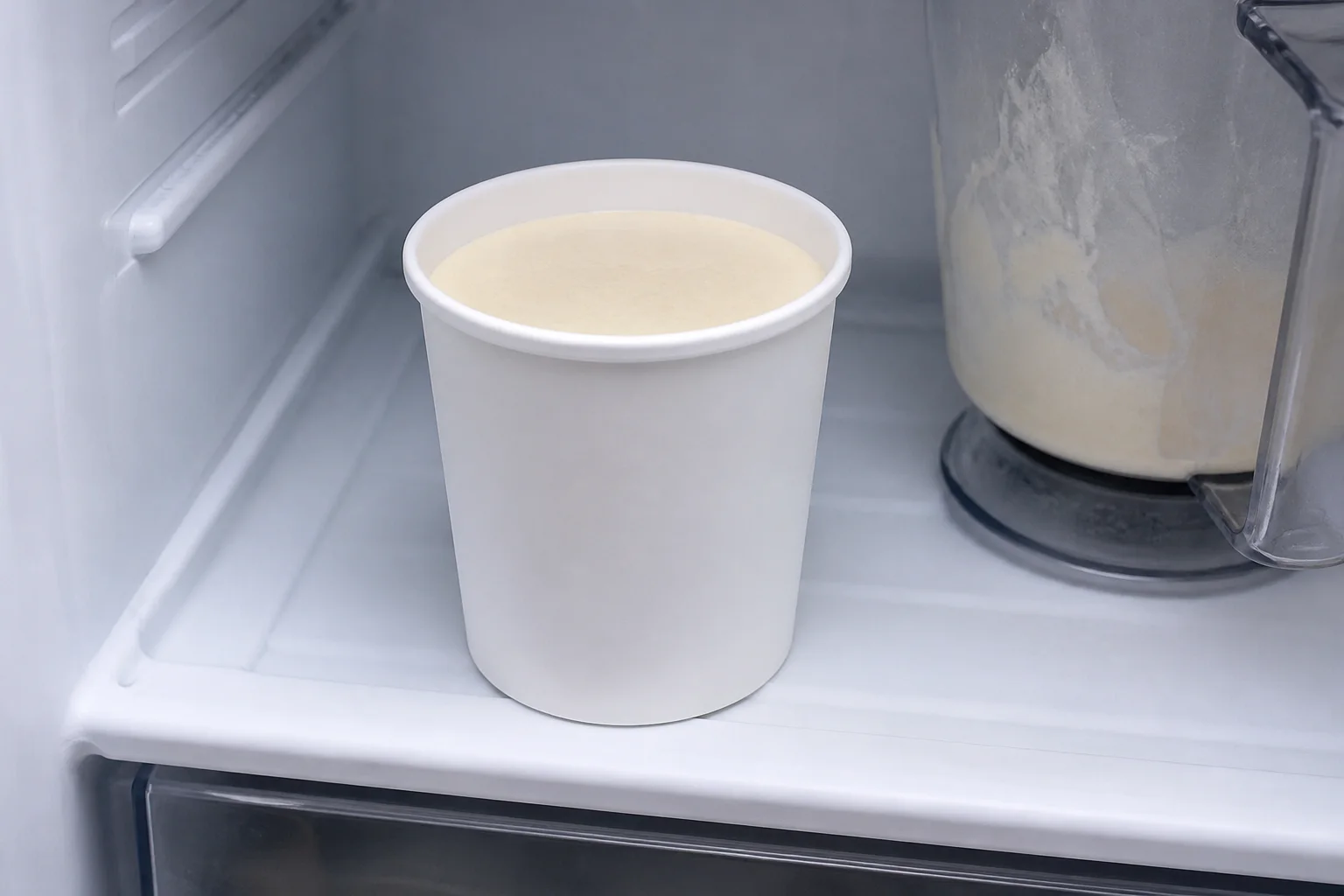 Smooth vanilla protein ice cream base in a standard compatible pint below the maximum fill line on a level freezer shelf
