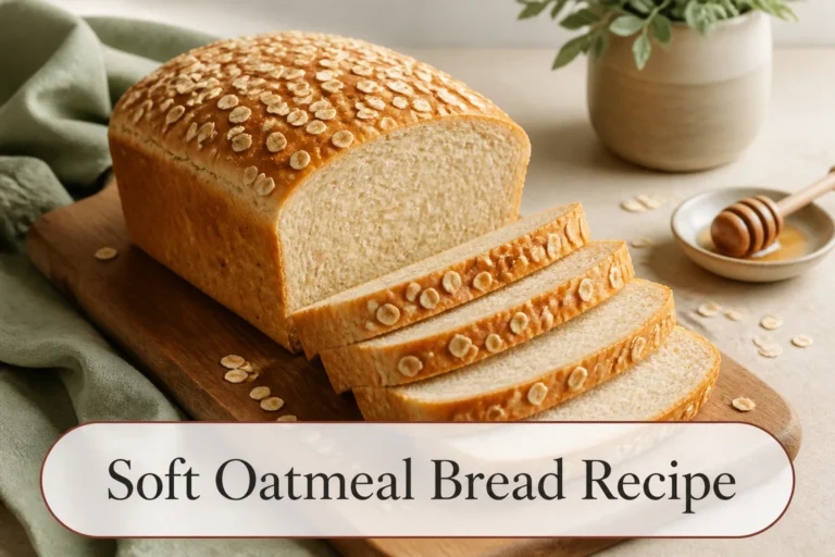 Sliced oatmeal bread with title reading Soft Oatmeal Bread Recipe