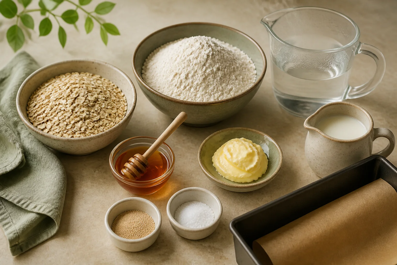 Rolled oats, boiling water, milk, honey, butter, instant yeast, salt and bread flour