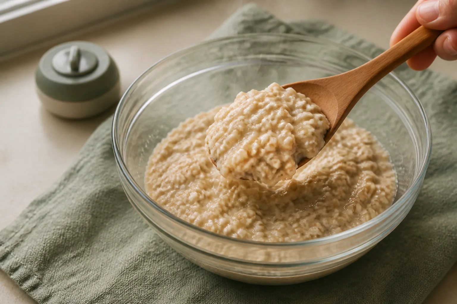 Thick spoonable rolled oat porridge after a twenty minute boiling water soak