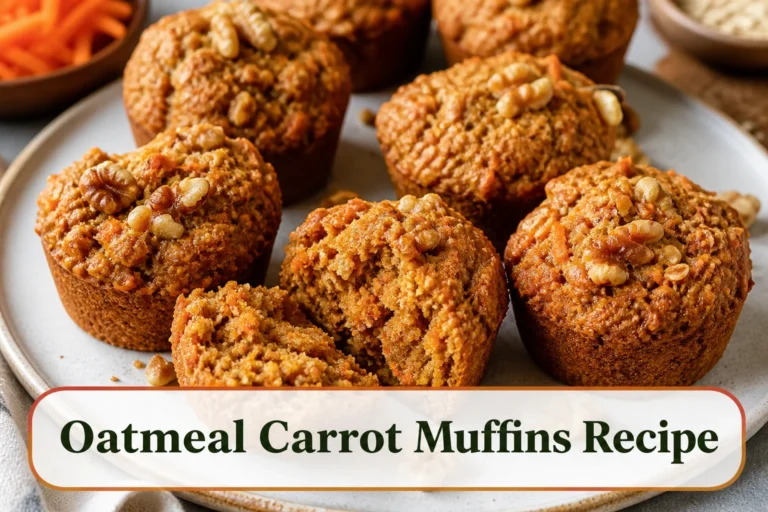 Oatmeal carrot muffins with orange carrot flecks, walnuts and a moist hearty crumb.; title text reads Oatmeal Carrot Muffins Recipe