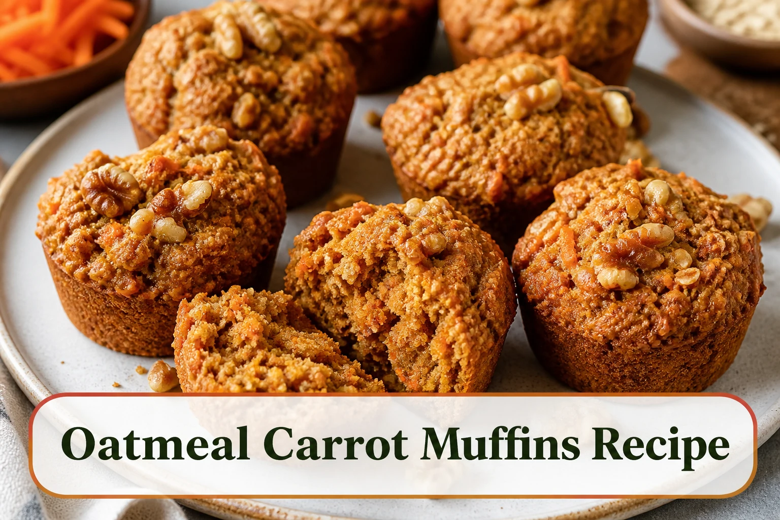 Oatmeal carrot muffins with orange carrot flecks, walnuts and a moist hearty crumb.; title text reads Oatmeal Carrot Muffins Recipe