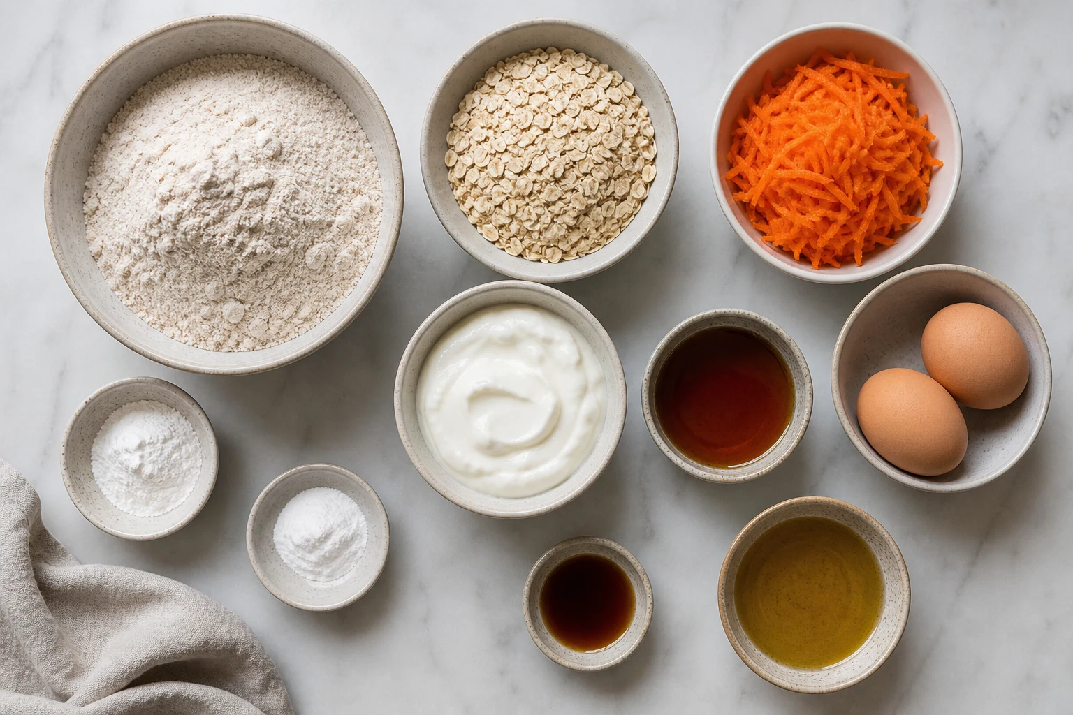 Whole-wheat flour, oats, leaveners, eggs, Greek yogurt, maple syrup, oil, vanilla and prepared carrot.