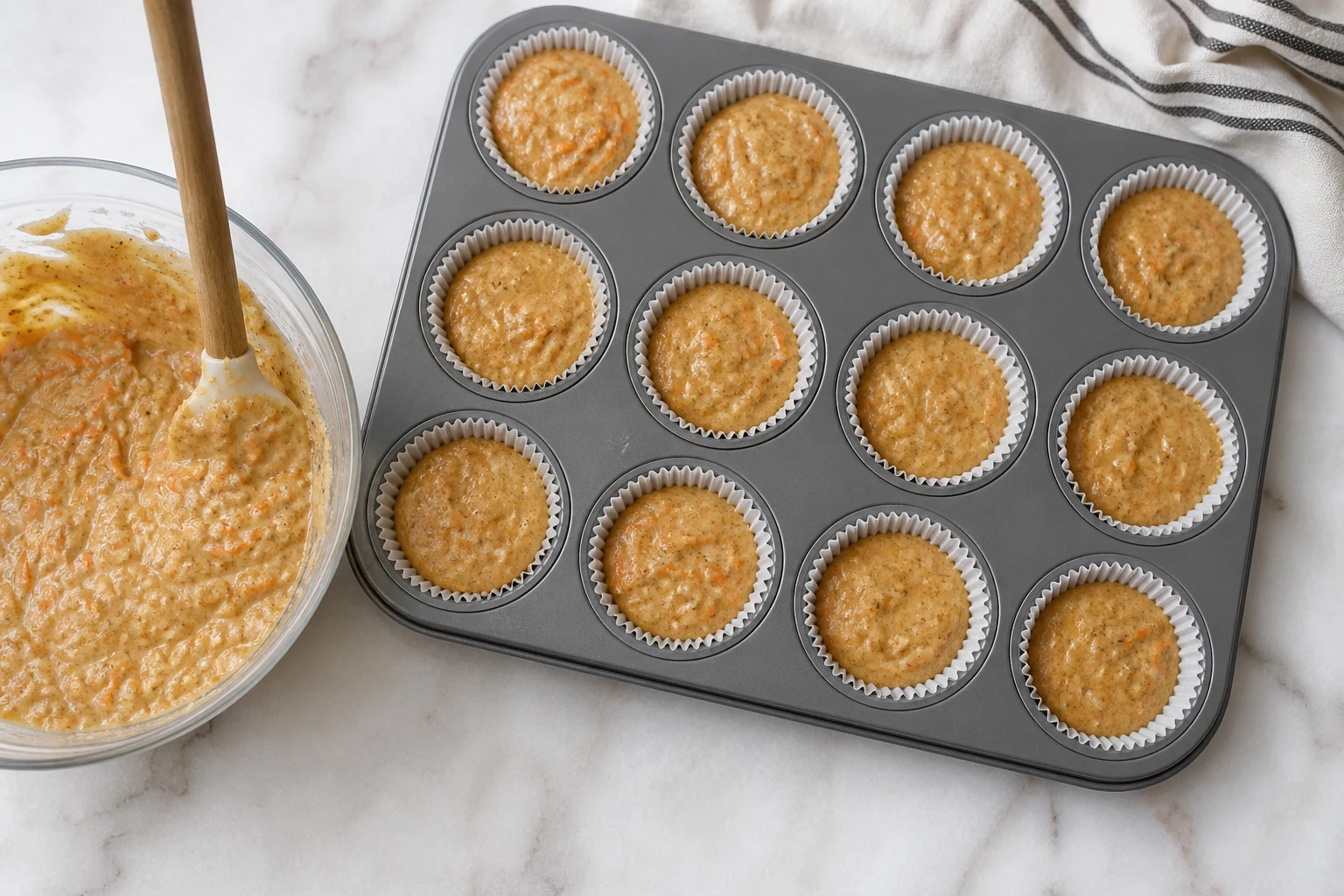 carrot muffin batter being folded gently and portioned evenly into a lined 12-cup pan.