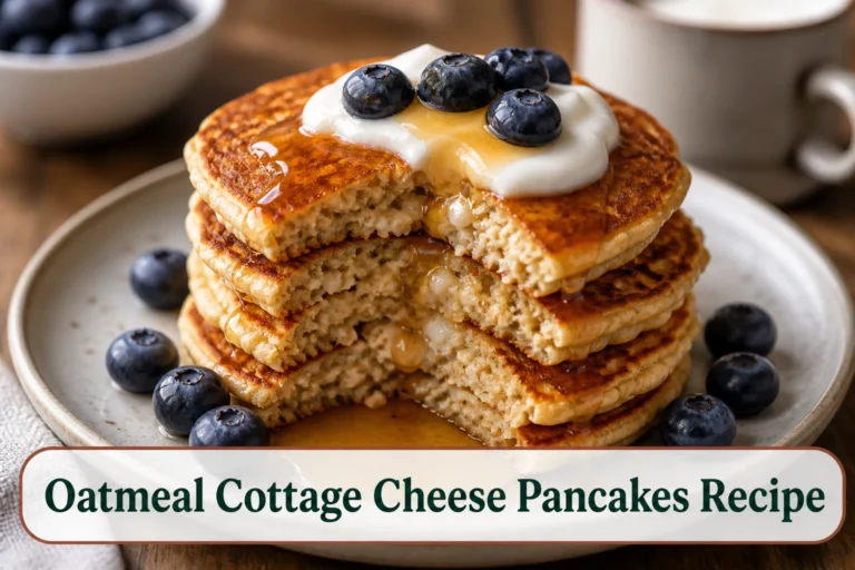Stack of oatmeal cottage cheese pancakes with blueberries, yogurt and a light maple drizzle, tender crumb visible.; title text reads Oatmeal Cottage Cheese Pancakes Recipe