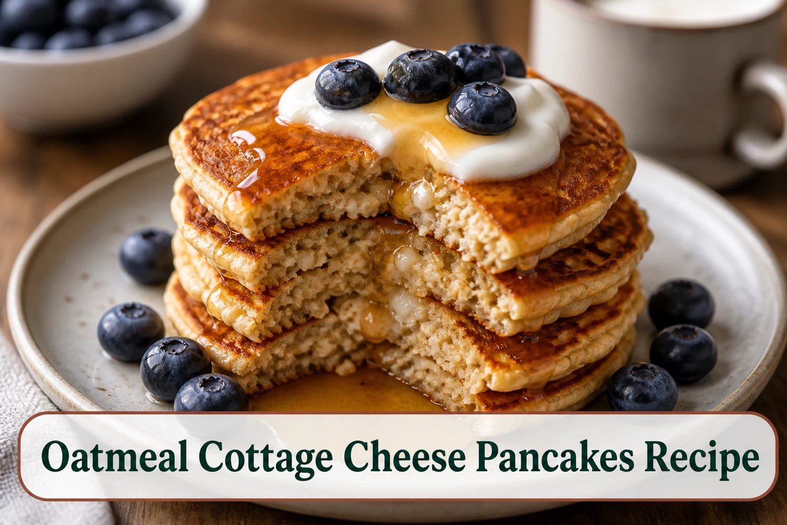 Stack of oatmeal cottage cheese pancakes with blueberries, yogurt and a light maple drizzle, tender crumb visible.; title text reads Oatmeal Cottage Cheese Pancakes Recipe