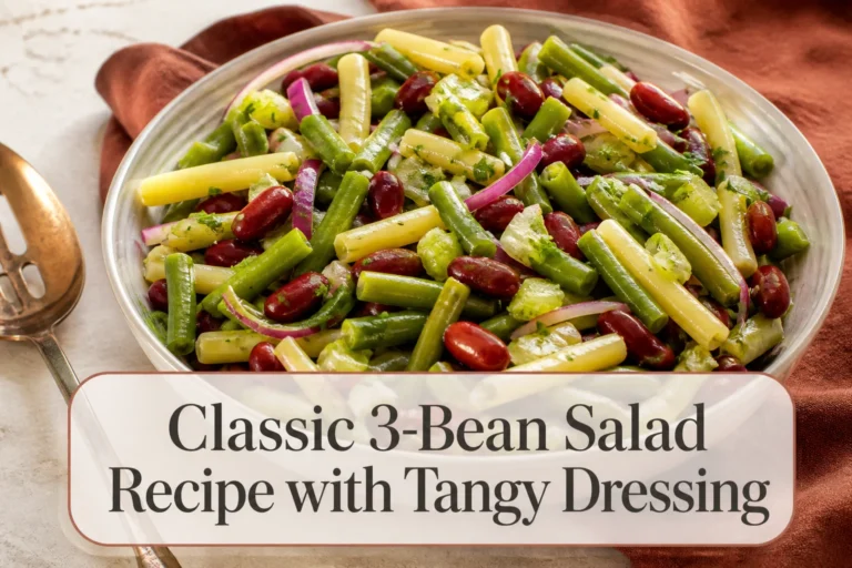 Three-bean salad with title reading Classic 3-Bean Salad Recipe with Tangy Dressing