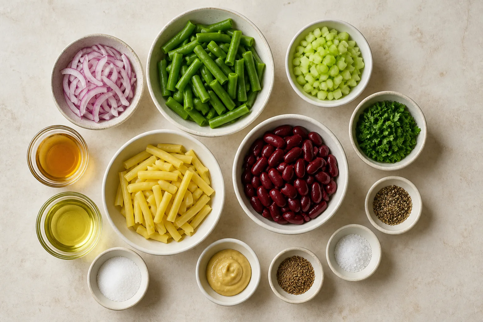 Cut green beans, yellow wax beans, red kidney beans, red onion, celery, parsley, apple cider vinegar, sugar, Dijon, celery seed, oil, salt and pepper