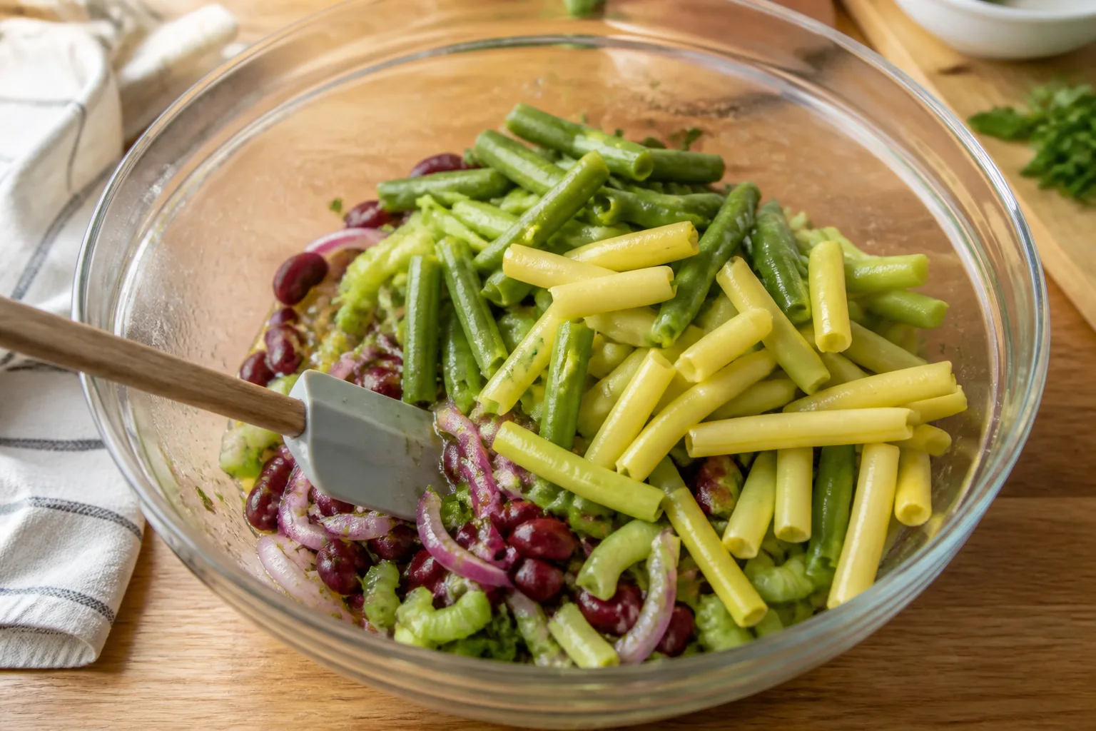 Green beans, wax beans and kidney beans being gently folded through sweet-tart dressing