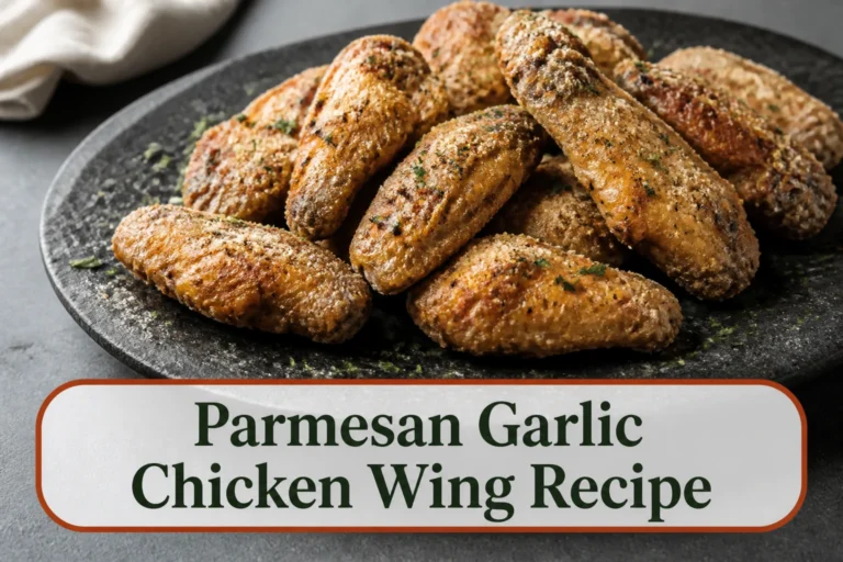 Crisp Parmesan garlic chicken wings on a charcoal platter, golden skin dusted with fine Parmesan, parsley and black pepper, savory dry coating with no greasy pool. The lower title bubble reads Parmesan Garlic Chicken Wing Recipe.