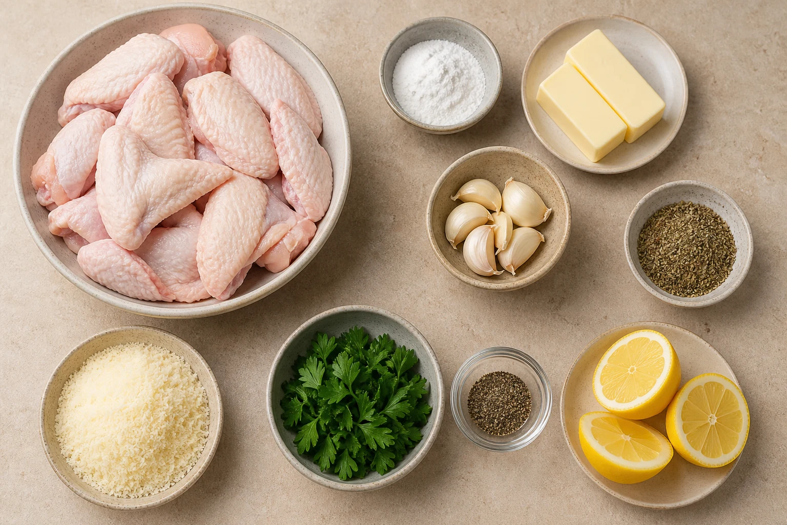 Split raw chicken wings, baking powder, salt, butter, fresh garlic, Italian seasoning, Parmesan, parsley, lemon and black pepper measured neatly.