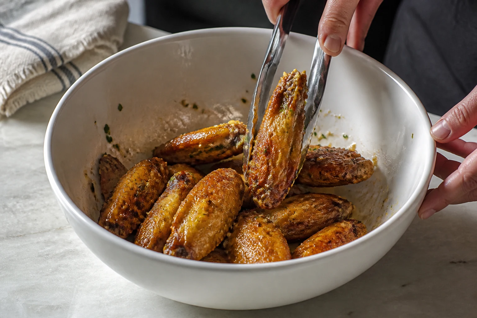 Crisp baked wings in a clean bowl being tossed with a restrained garlic-butter coating before finely grated Parmesan is added, realistic golden skin.