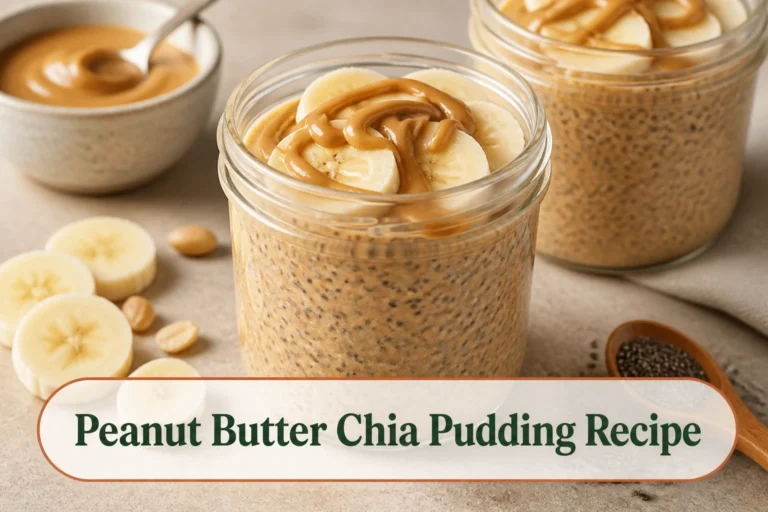 Creamy peanut butter chia pudding in jars with banana slices and a thin peanut-butter swirl, evenly hydrated seeds.; title text reads Peanut Butter Chia Pudding Recipe