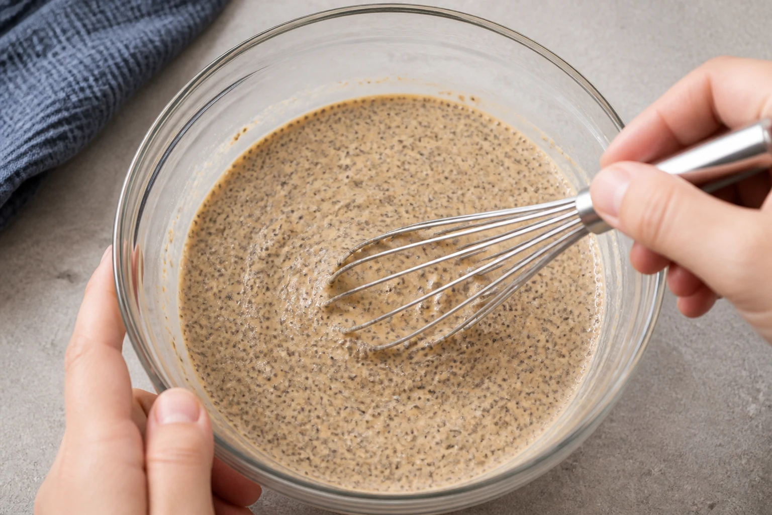 Hydrated peanut butter chia pudding being whisked a second time, with evenly suspended seeds and no clumps.