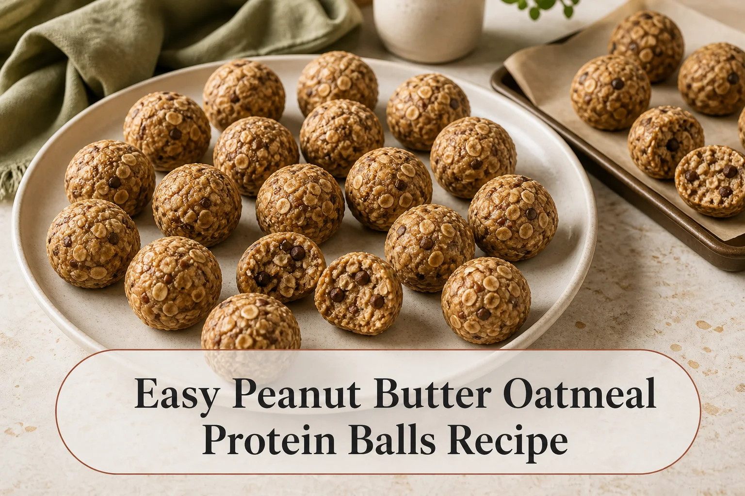 Peanut butter oatmeal protein balls with title reading Easy Peanut Butter Oatmeal Protein Balls Recipe