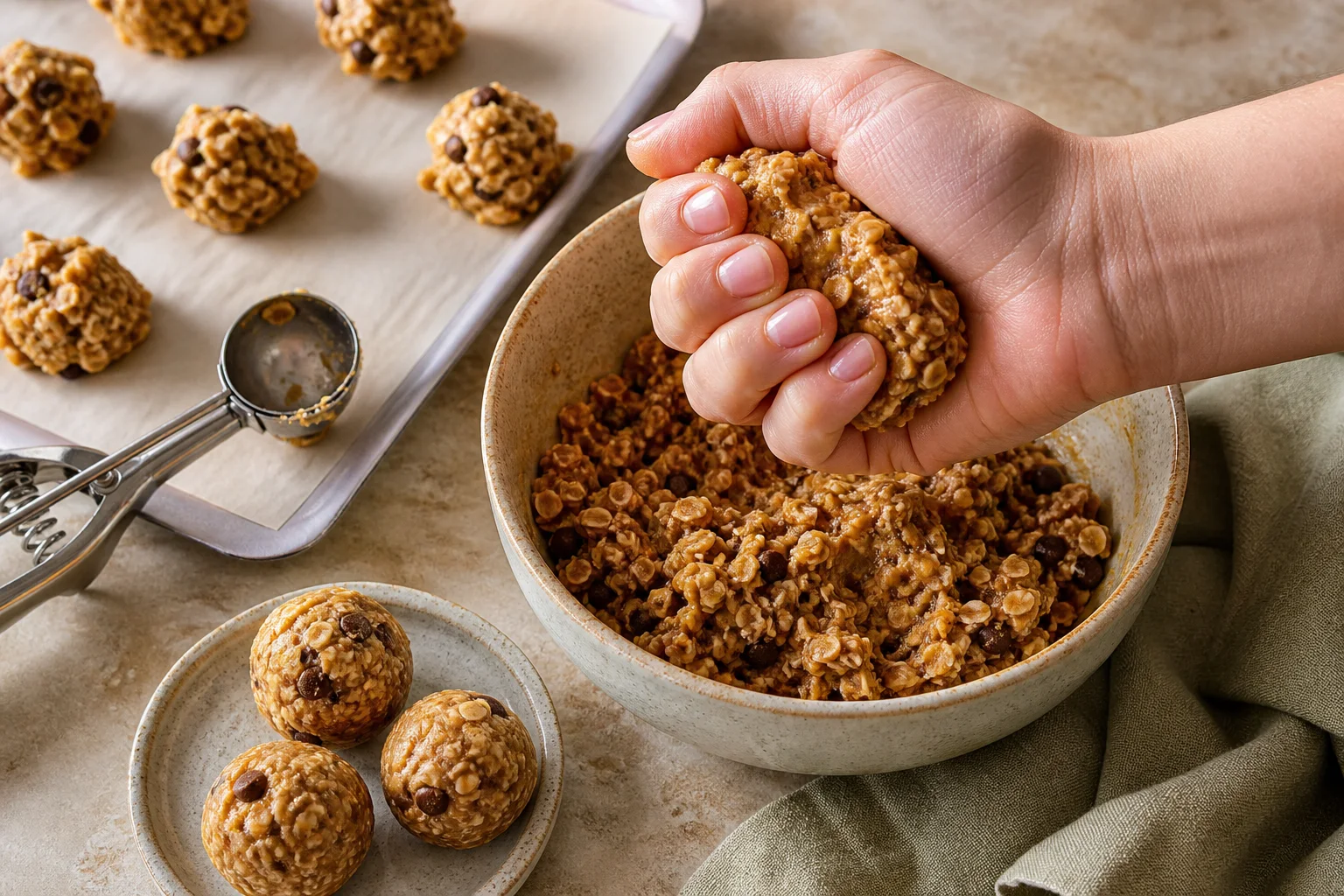 Hand squeezing a tablespoon of peanut butter oat mixture into a cohesive clump beside evenly portioned protein balls