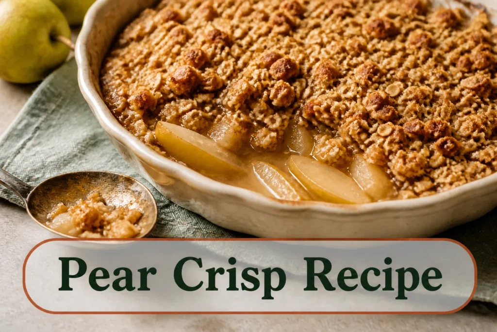 Warm pear crisp in a cream ceramic baking dish, visible tender pear slices under a craggy golden oat topping, one serving spoon nearby. The lower title bubble reads Pear Crisp Recipe.