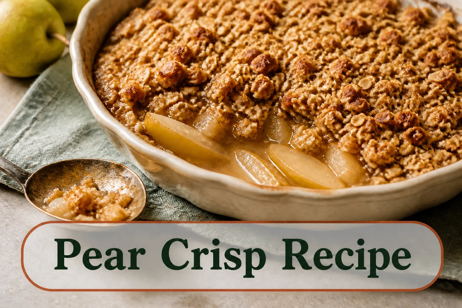 Warm pear crisp in a cream ceramic baking dish, visible tender pear slices under a craggy golden oat topping, one serving spoon nearby. The lower title bubble reads Pear Crisp Recipe.