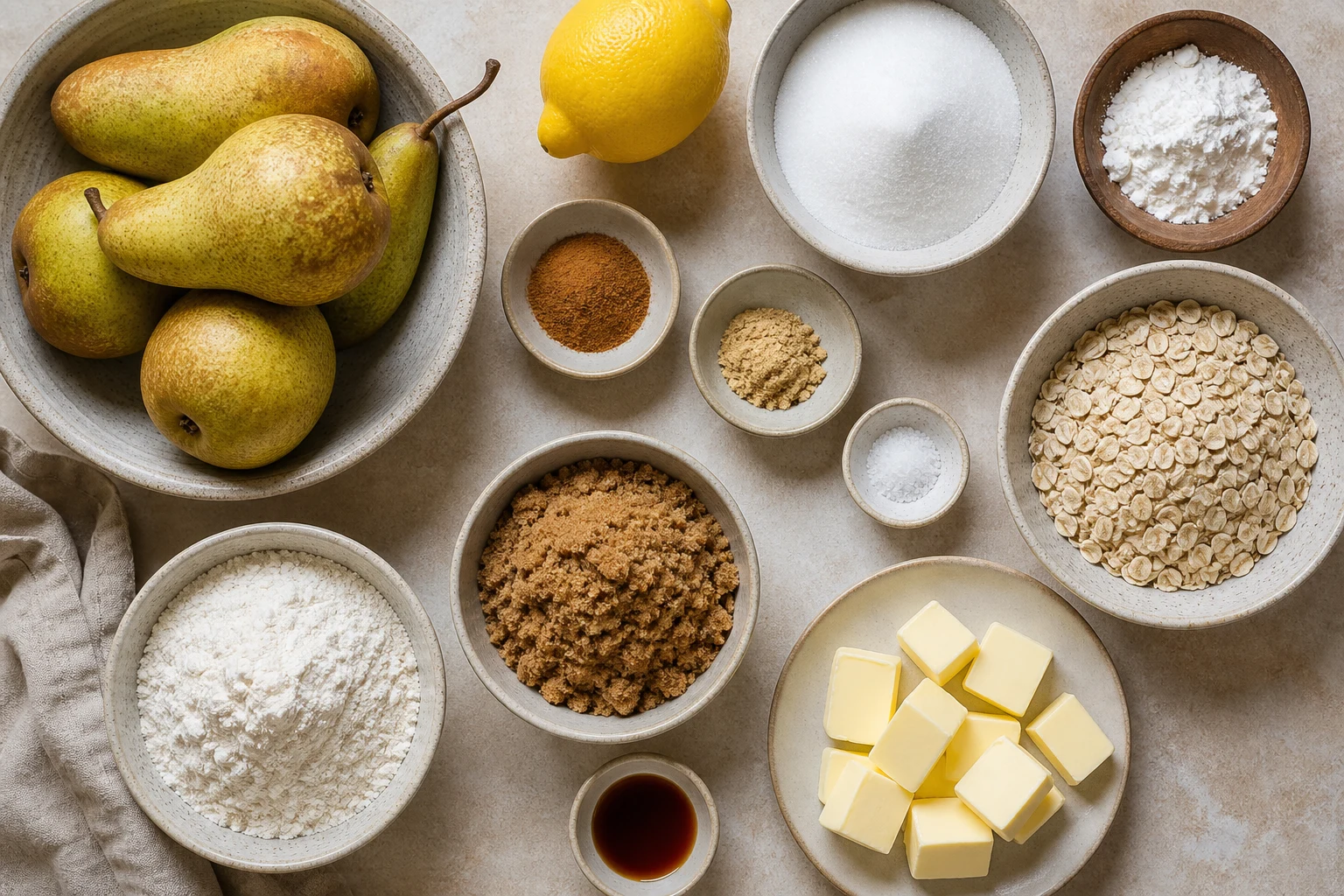 Firm pears, lemon, granulated sugar, cornstarch, cinnamon, ginger, salt, rolled oats, flour, brown sugar, cold butter and vanilla measured overhead.