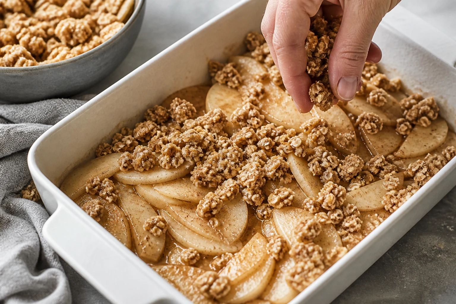 Spiced pear slices in a square baking dish being covered with loose oat-butter crumble clumps before baking.