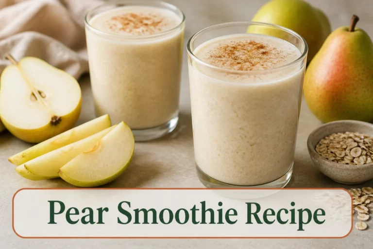 Creamy pale beige pear smoothie in two clear glasses with a subtle cinnamon dusting, ripe pear slices and rolled oats nearby, natural thick but pourable texture. The lower title bubble reads Pear Smoothie Recipe.