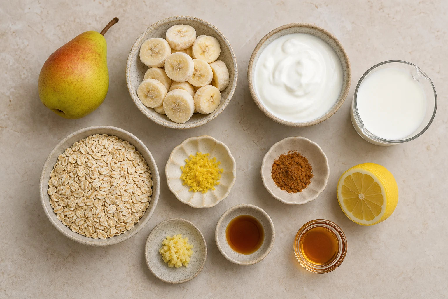 A ripe pear, frozen banana slices, Greek yogurt, milk, rolled oats, lemon, cinnamon, ginger, vanilla and optional maple syrup in measured quantities.