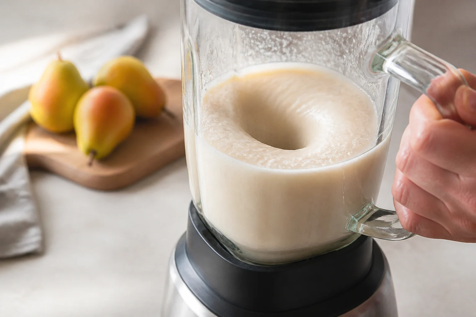 A realistic countertop blender creating a smooth pale pear smoothie vortex with no visible fruit or oat chunks, ripe pears softly out of focus behind.