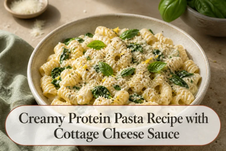 Creamy spinach protein pasta with title reading Creamy Protein Pasta Recipe with Cottage Cheese Sauce