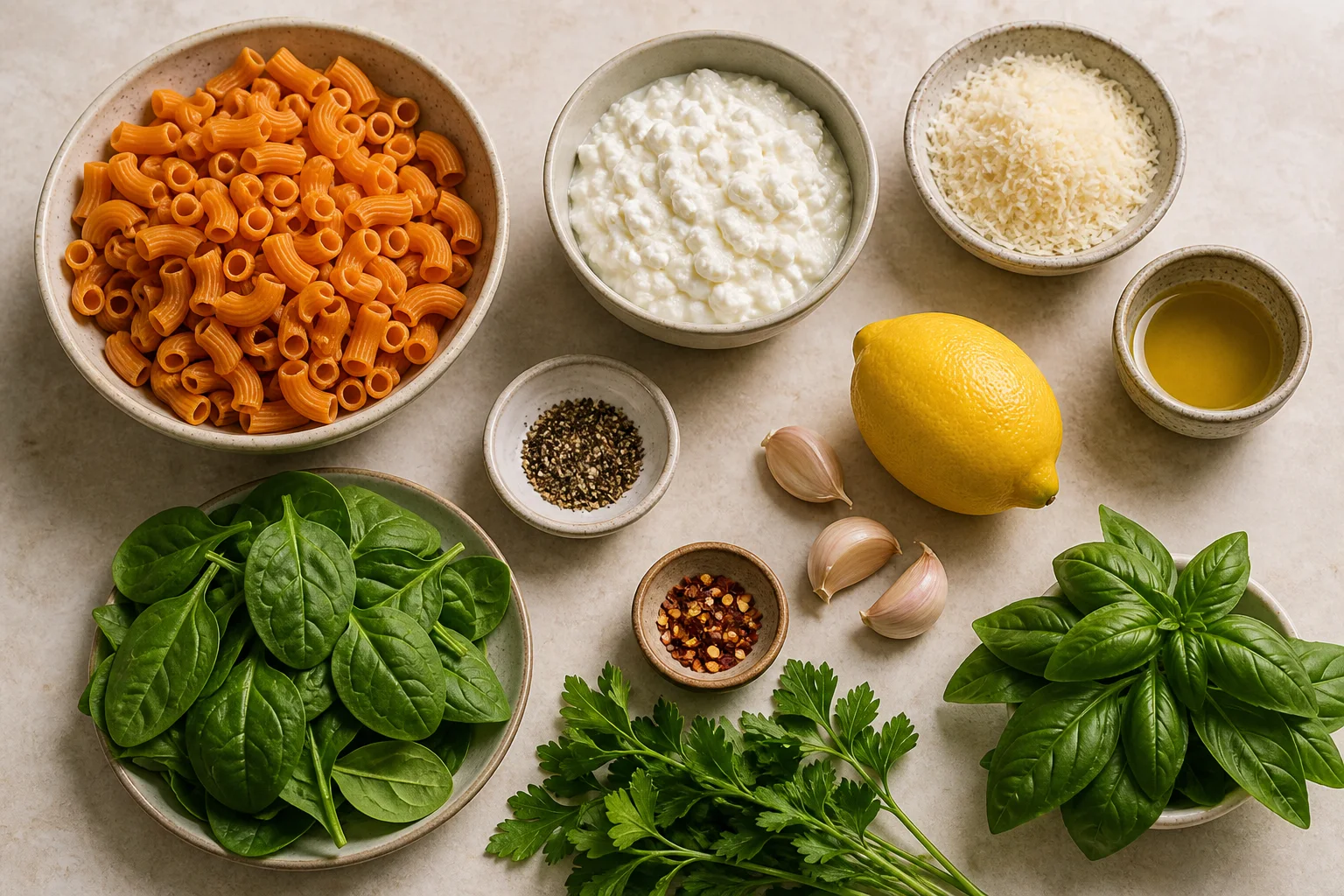 Chickpea pasta, cottage cheese, Parmesan, olive oil, garlic, lemon, black pepper, spinach, basil and crushed red pepper