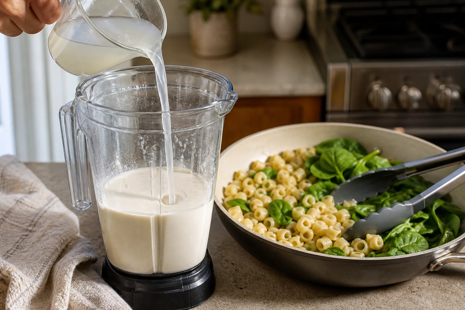 Smooth cottage cheese sauce being blended with hot reserved pasta water beside drained pasta and spinach