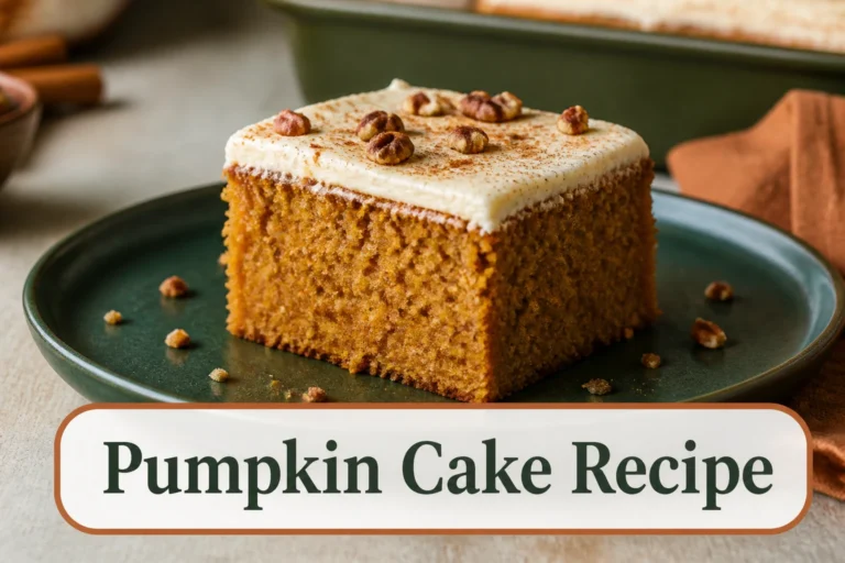Square slice of moist pumpkin cake on a dark green plate, even orange-brown crumb, smooth cream-cheese frosting, cinnamon dust and a few pecan crumbs, realistic home-baked finish. The lower title bubble reads Pumpkin Cake Recipe.