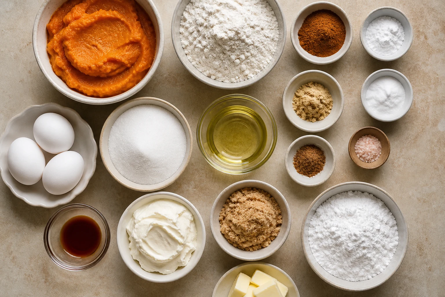 Pumpkin purée, flour, cinnamon, baking powder, baking soda, ginger, nutmeg, salt, oil, sugars, eggs, vanilla, cream cheese, butter and confectioners' sugar overhead.