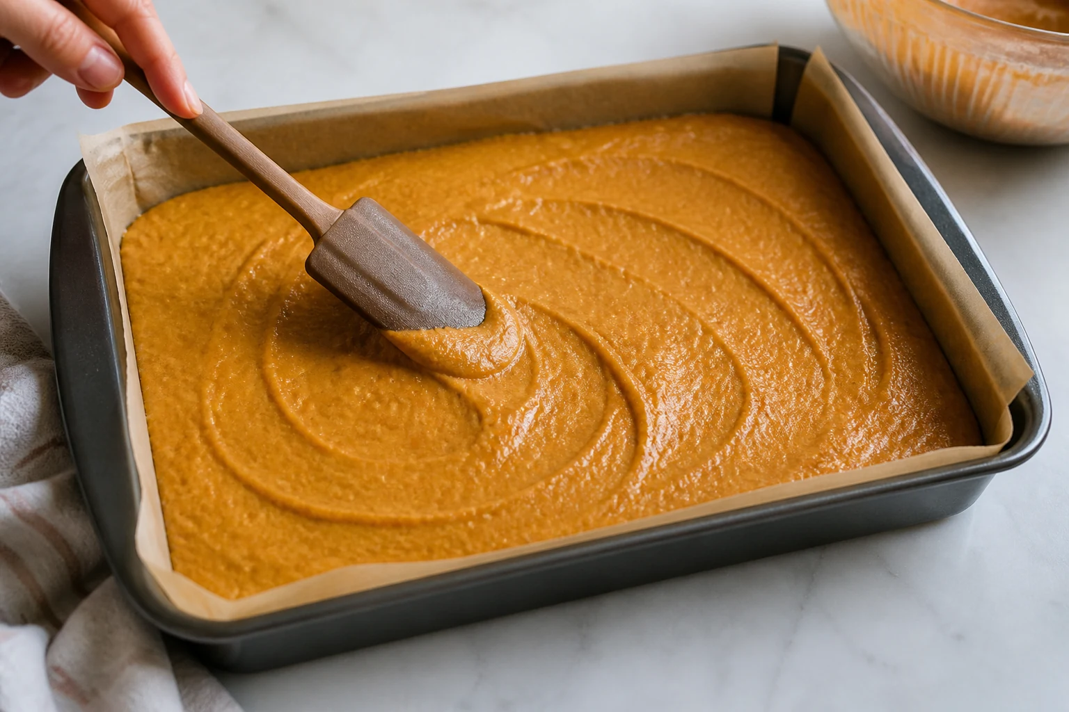 Smooth orange pumpkin cake batter spread evenly in a parchment-lined metal 9-by-13-inch pan, spatula leaving shallow natural swirls before baking.