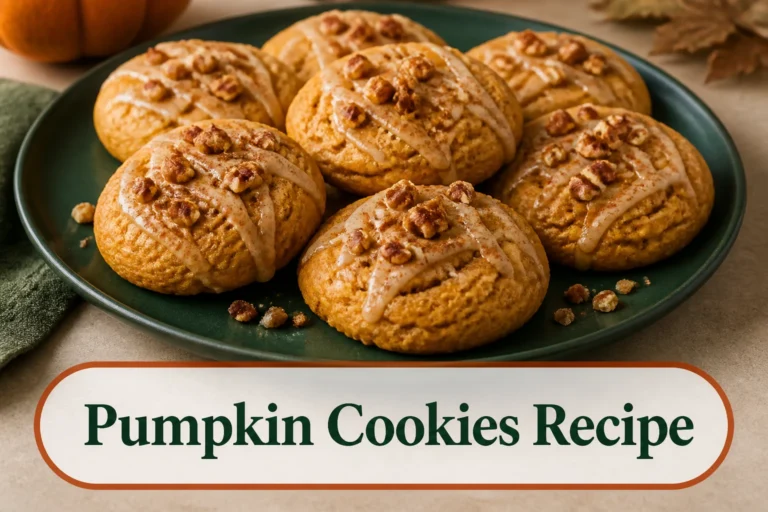 Soft round pumpkin cookies on a dark forest-green platter, lightly crackled golden-orange tops, restrained maple drizzle, cinnamon and a few pecan crumbs, realistic tender texture. The lower title bubble reads Pumpkin Cookies Recipe.