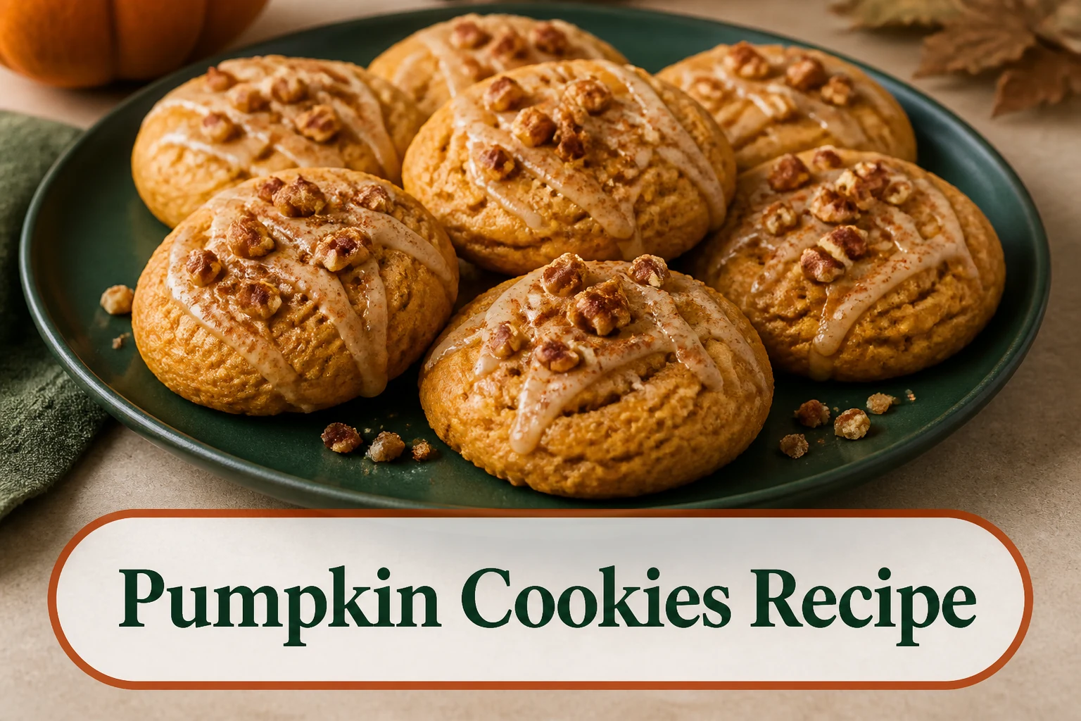 Soft round pumpkin cookies on a dark forest-green platter, lightly crackled golden-orange tops, restrained maple drizzle, cinnamon and a few pecan crumbs, realistic tender texture. The lower title bubble reads Pumpkin Cookies Recipe.