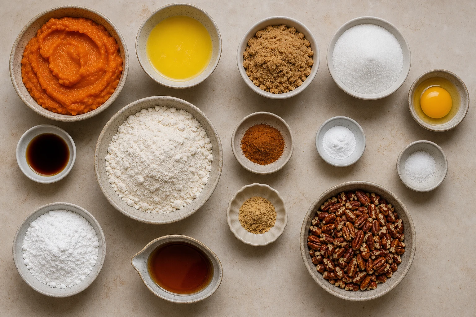 Pumpkin purée, melted butter, brown and granulated sugars, egg yolk, vanilla, flour, cinnamon, baking soda, ginger, salt, pecans, confectioners' sugar and maple syrup measured overhead.