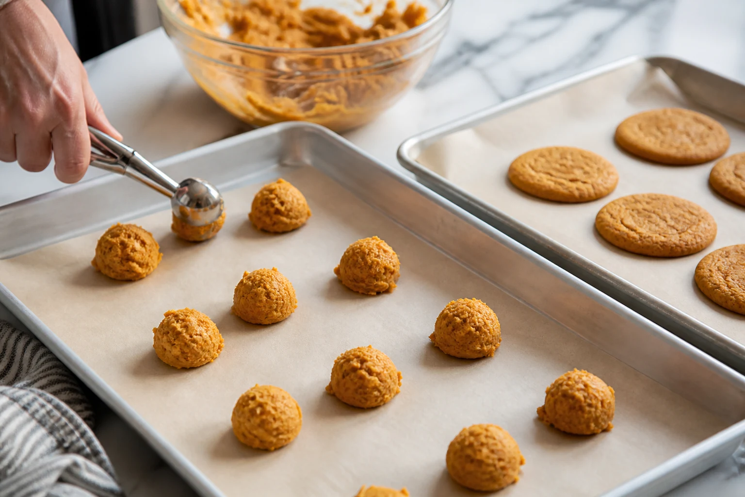 Rounded scoops of chilled orange pumpkin cookie dough spaced on a parchment-lined sheet pan, with one finished pan showing set edges and soft matte centers.