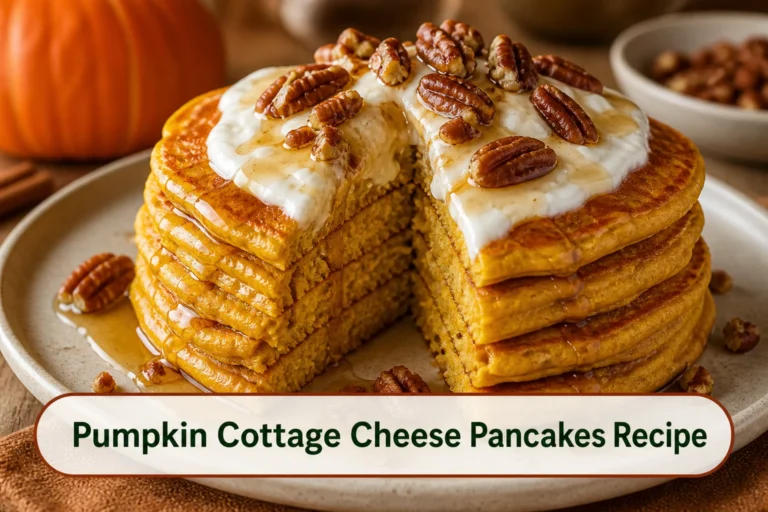 Stack of warm orange pumpkin cottage cheese pancakes with yogurt, maple and toasted pecans, fluffy center visible.; title text reads Pumpkin Cottage Cheese Pancakes Recipe
