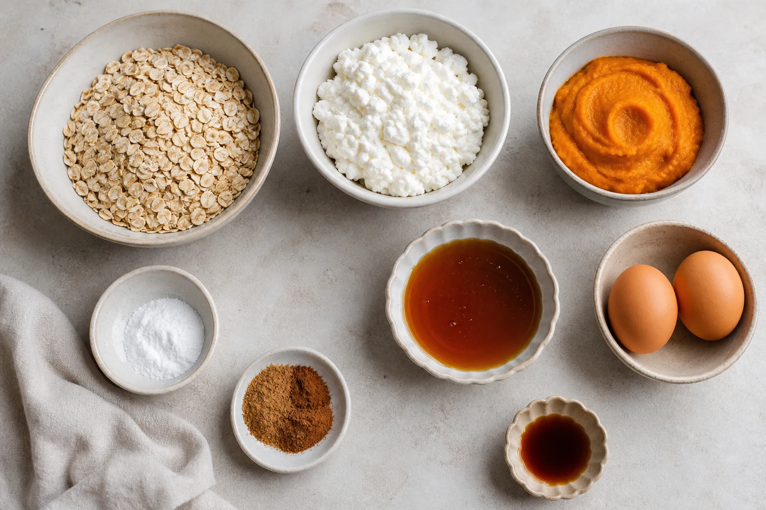 Rolled oats, cottage cheese, pumpkin puree, eggs, maple syrup, baking powder, pumpkin spice and vanilla.