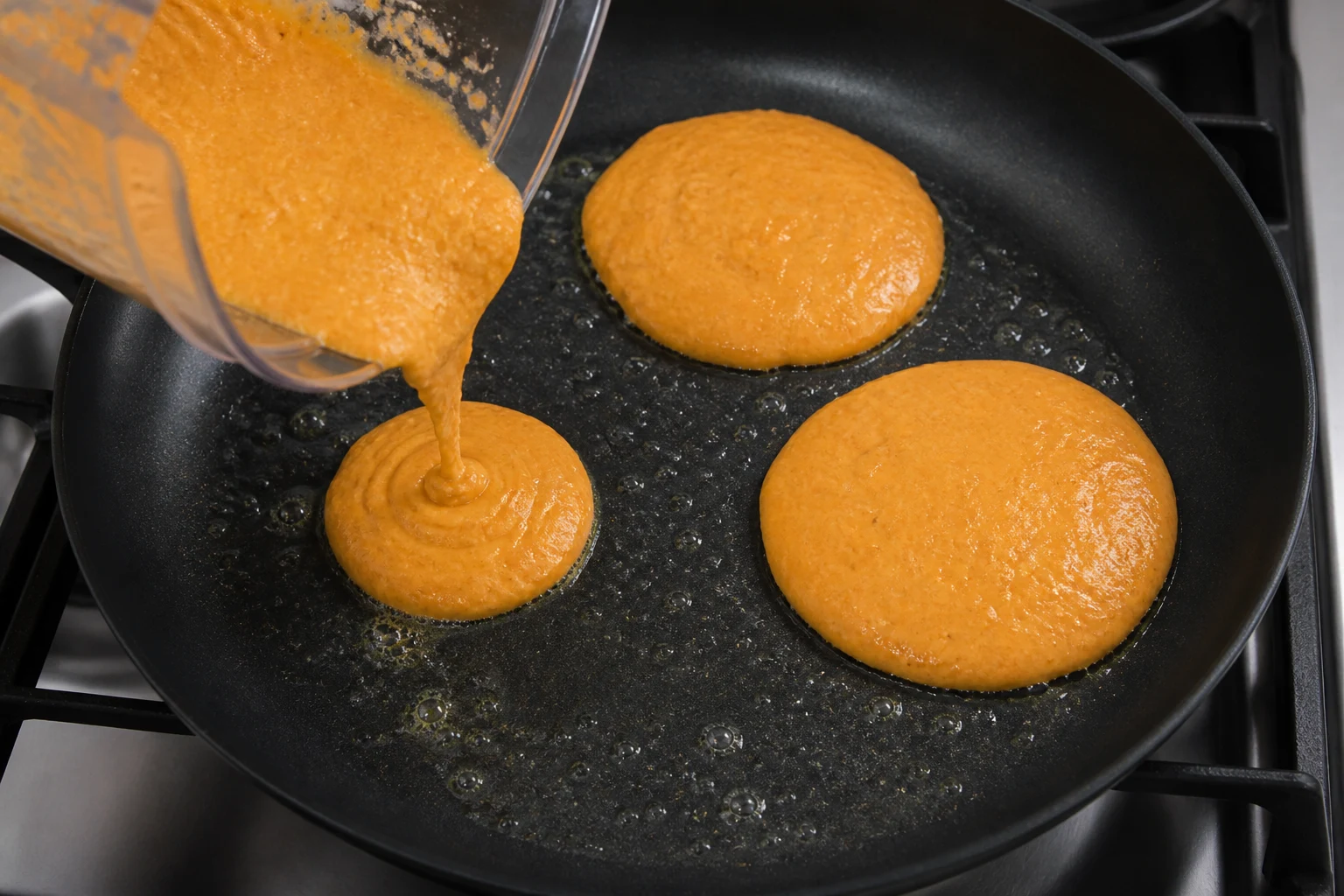 Thick orange blender batter forming small round pancakes on a lightly buttered skillet.