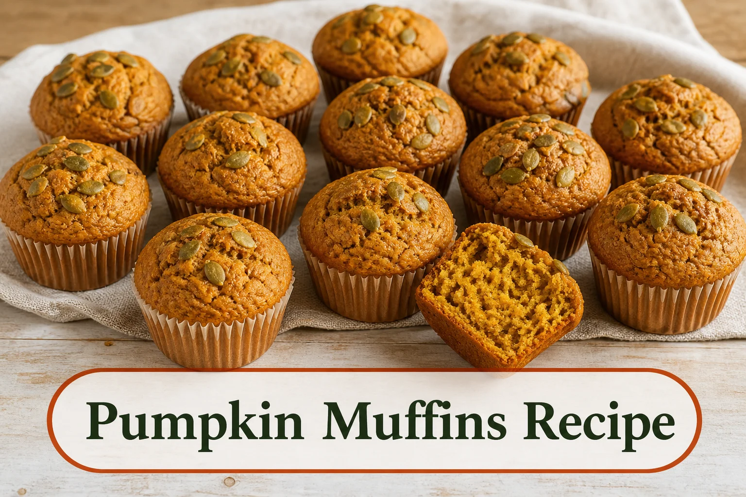 Twelve golden-orange pumpkin muffins with rounded domed tops, warm spice flecks and pepitas, one split to show a moist fully set crumb. The lower title bubble reads Pumpkin Muffins Recipe.