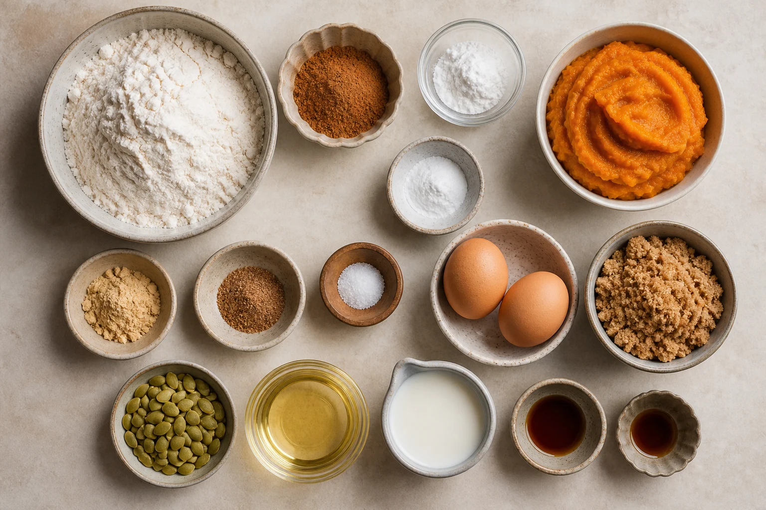 Flour, cinnamon, baking powder, baking soda, ginger, nutmeg, salt, pumpkin puree, eggs, brown sugar, oil, milk, vanilla and pepitas arranged neatly.