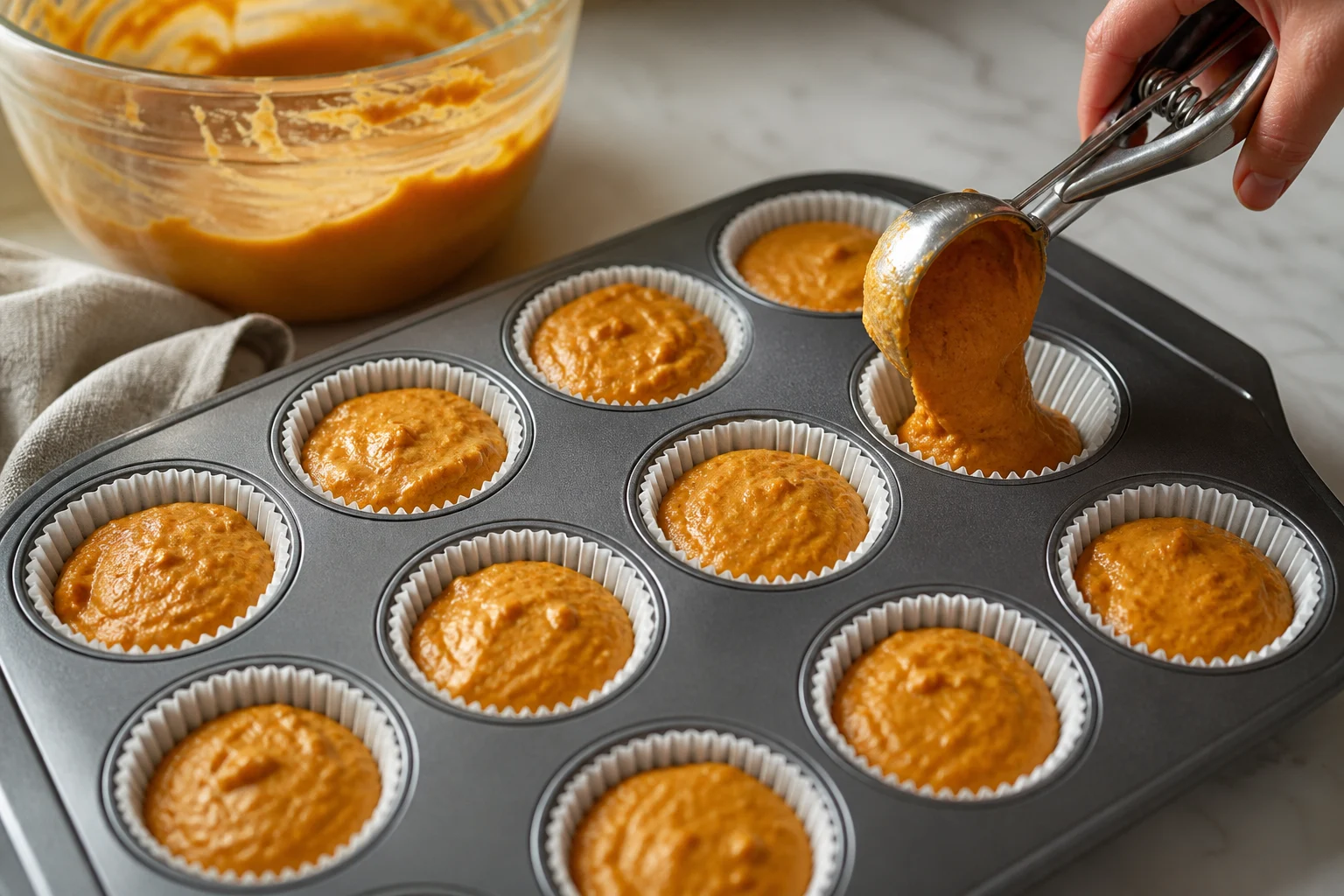 Thick smooth pumpkin muffin batter being portioned evenly into lined cups with a spring-loaded scoop, cups about three-quarters full.