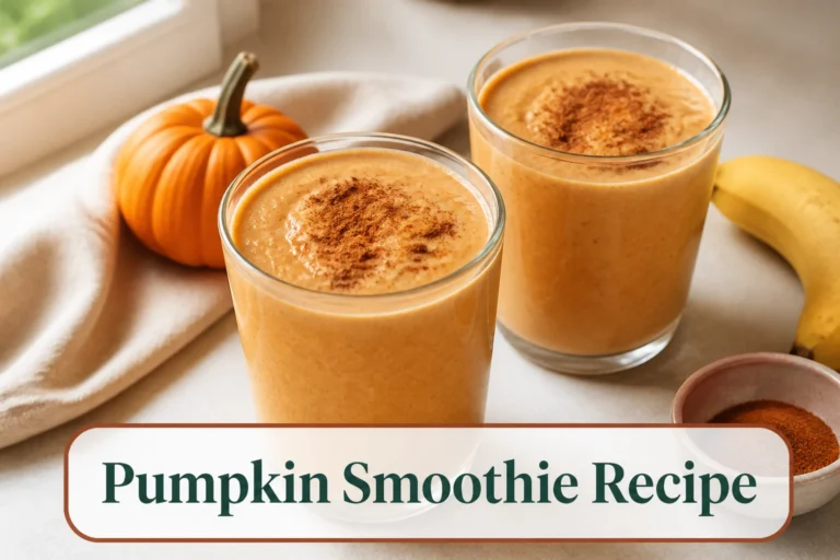 Creamy pumpkin smoothie in two clear glasses, muted orange color, cinnamon dust, small banana and pumpkin cues nearby, thick realistic blended texture under soft window light. The lower title bubble reads Pumpkin Smoothie Recipe.